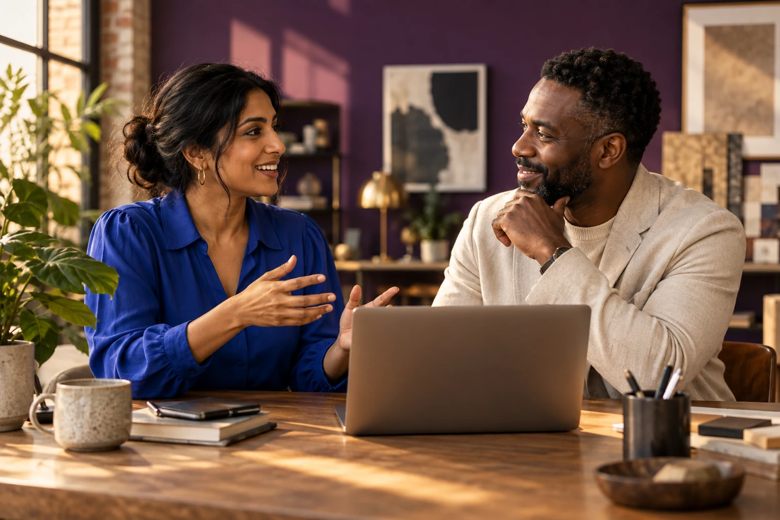 Two fictional business owners sharing a conversation in a sunlit studio.