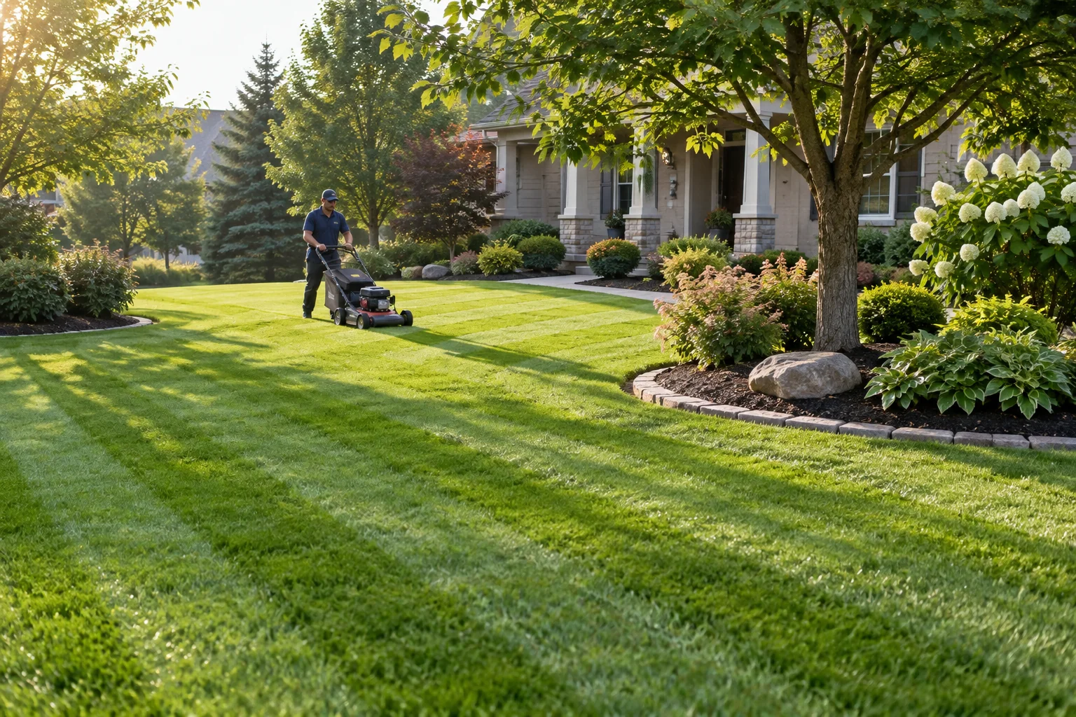 A landscaper tending a green lawn beside a sunlit residential garden.