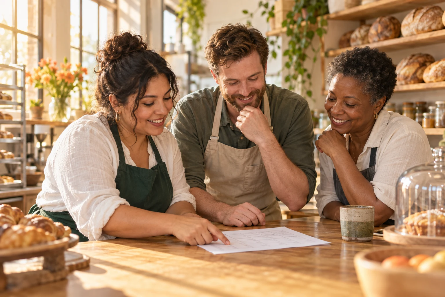 Three fictional bakery team members reviewing a work schedule together.
