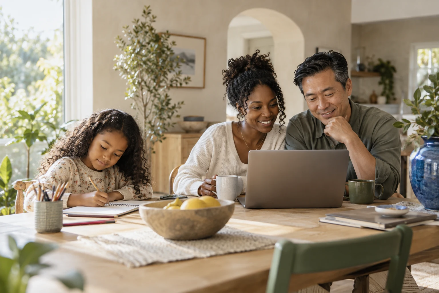 A fictional family sharing a relaxed morning around a laptop at their kitchen table.