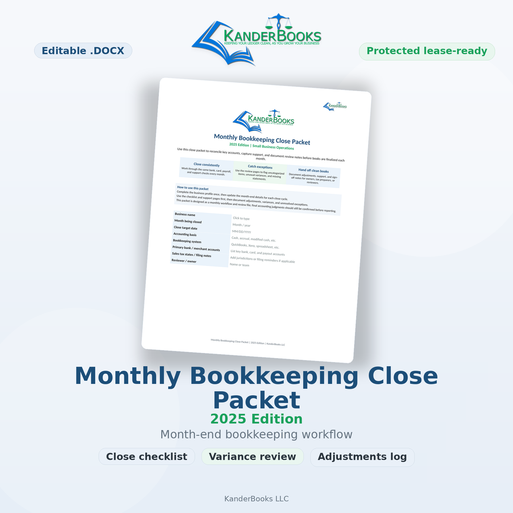 KanderBooks Monthly Bookkeeping Close Packet – 2025 Edition