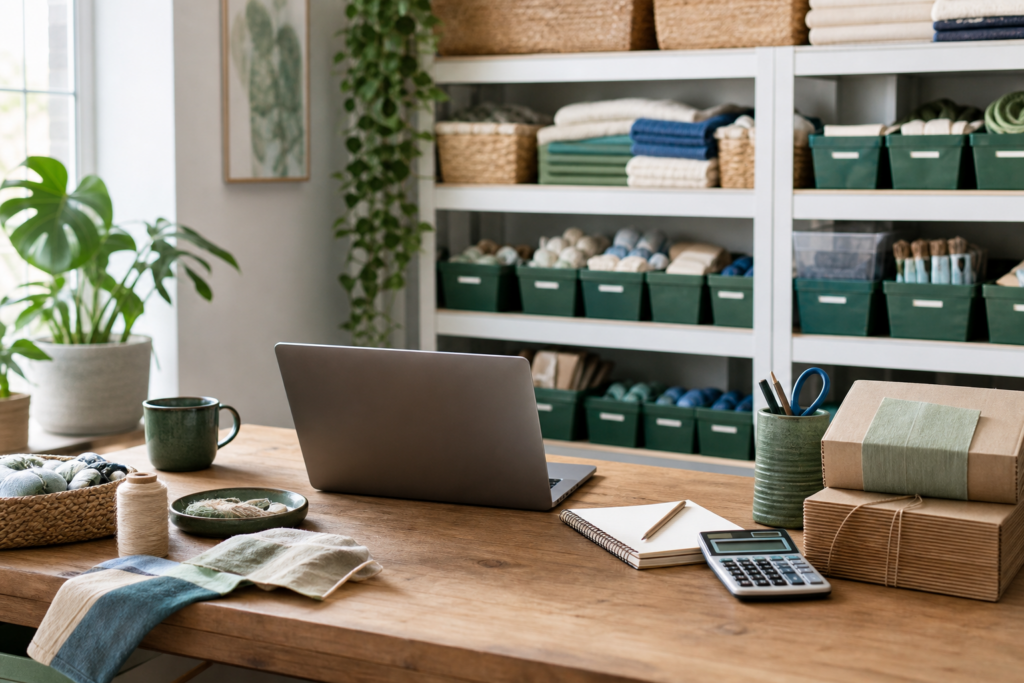 Organized handmade product inventory and bookkeeping workspace for an Etsy seller