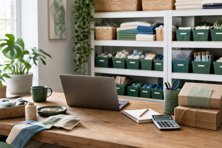 Organized handmade product inventory and bookkeeping workspace for an Etsy seller