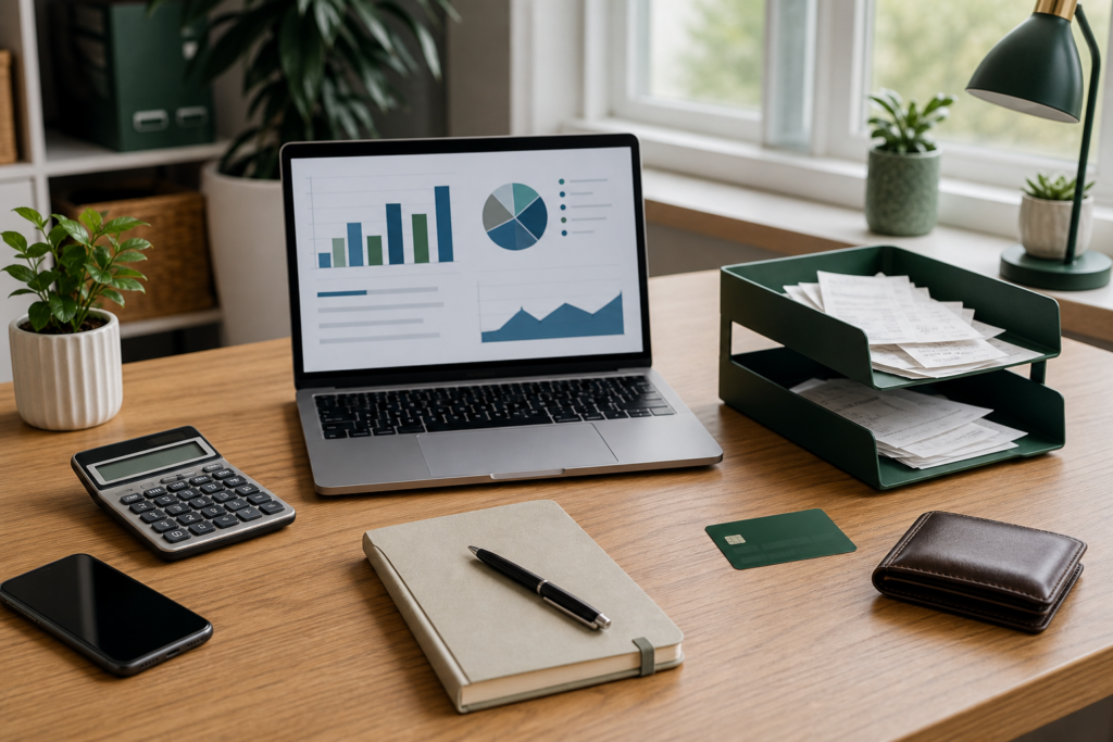 Organized desk showing a side-hustle income tracking and bookkeeping setup with receipts, calculator and separate personal wallet.