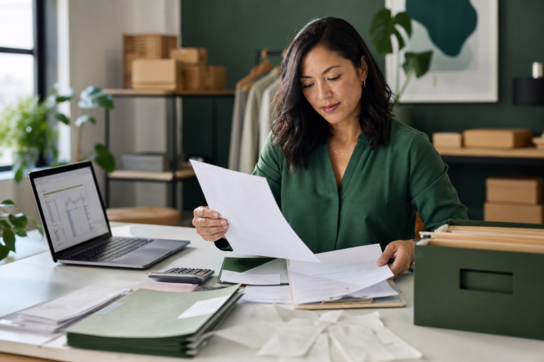 Small-business owner organizing financial records and reports for year-end tax preparation.