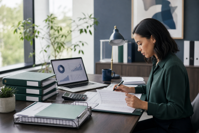 Organized contractor and payroll documents beside a laptop during a monthly financial review.
