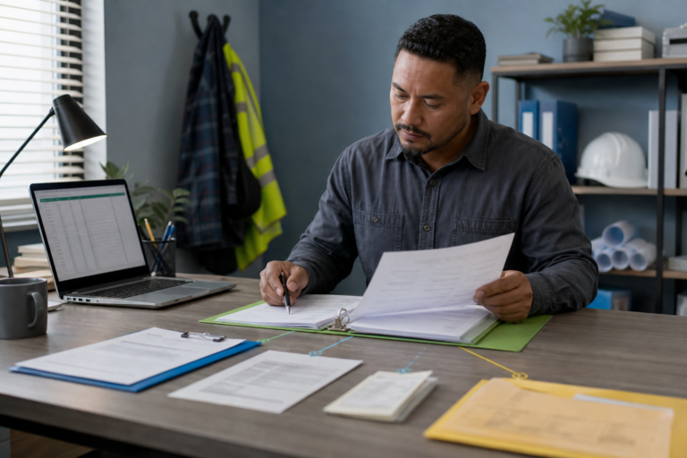 Business owner organizing supplier prepayments, final invoices, and job-cost records for one project.