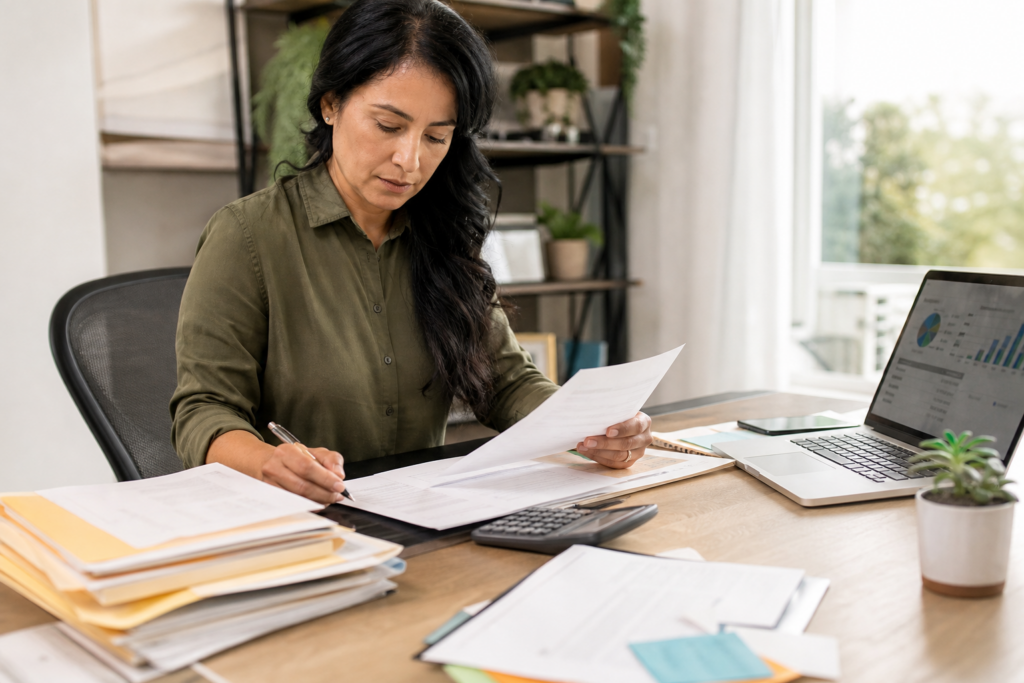 Small business owner reviewing bank records and invoices during a monthly bookkeeping close
