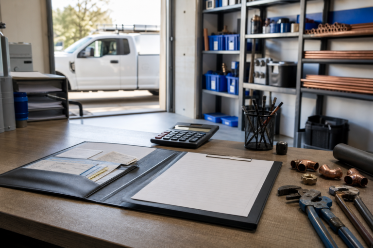 Organized plumbing job paperwork, receipts, and materials beside a service truck for cash-flow tracking.