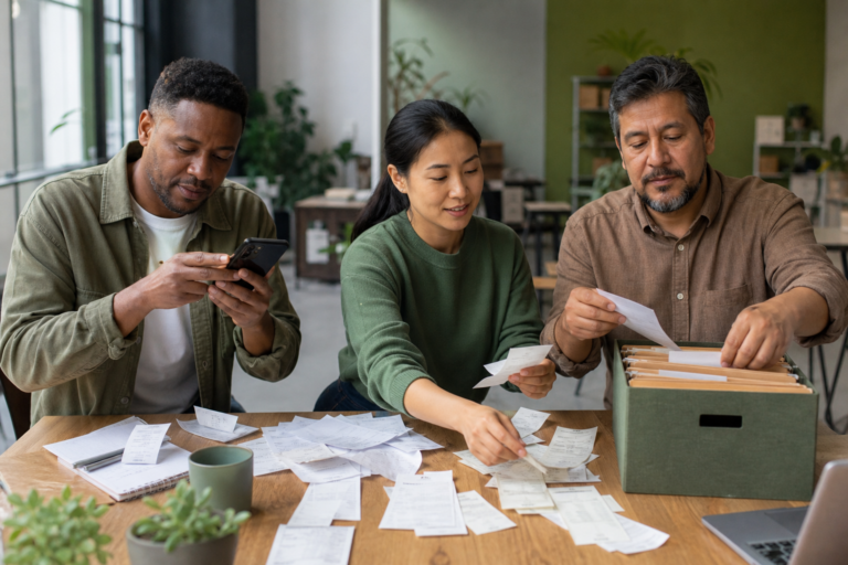 Fictional small-business colleagues organizing receipts and digital records together