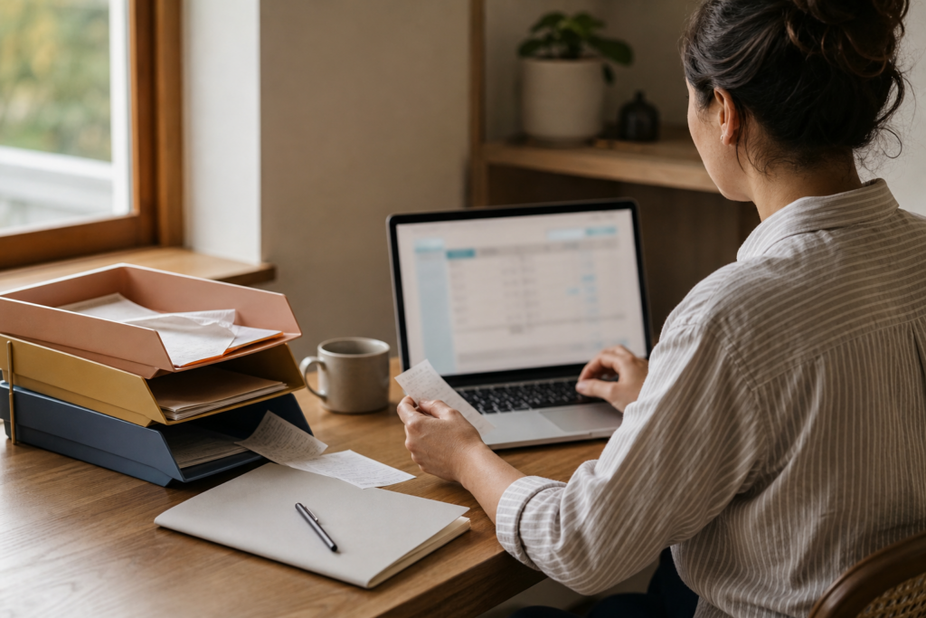 Small-business owner matching a receipt to digital records at an organized desk