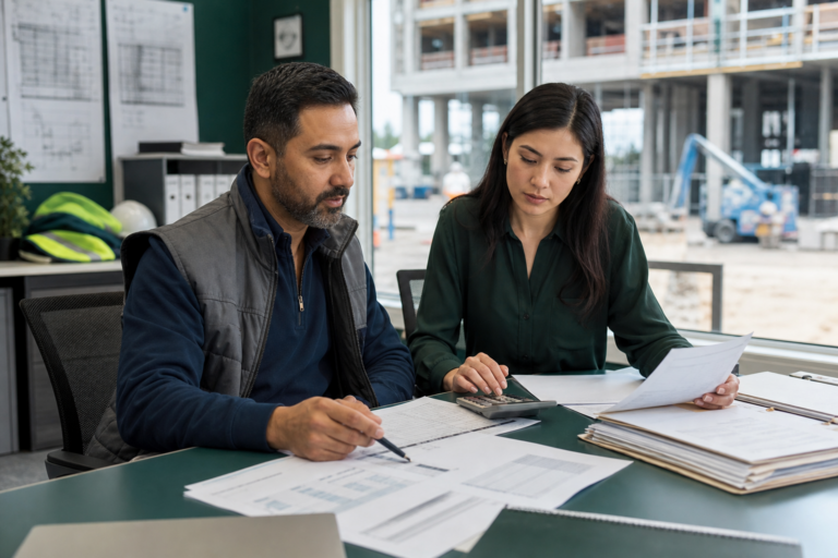 Construction bookkeeper reviewing retainage and job-cost records in a site office