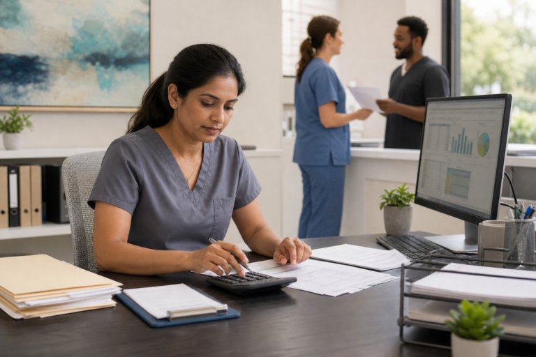 Medical practice manager reviewing an aggregate insurance receivables reconciliation at month-end.