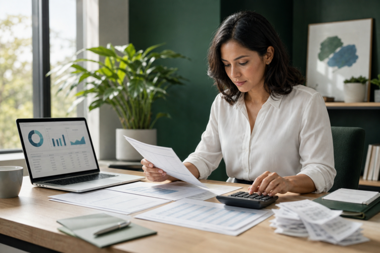 Small-business owner reconciling customer payments and invoices at a desk.