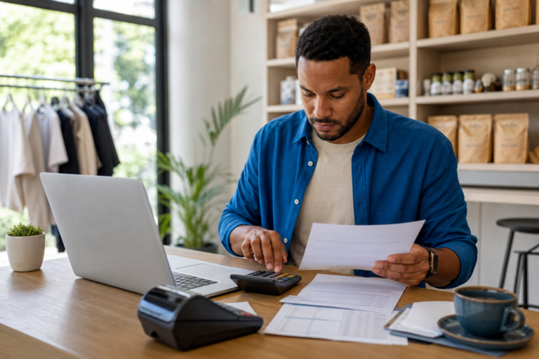 Small business owner reconciling payment processor payouts with sales records and bank deposits