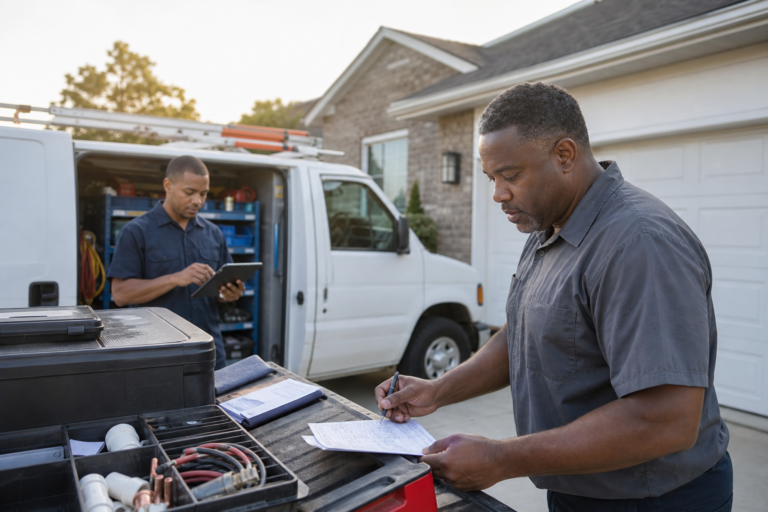 HVAC contractor reviewing service-call costs beside an organized service van