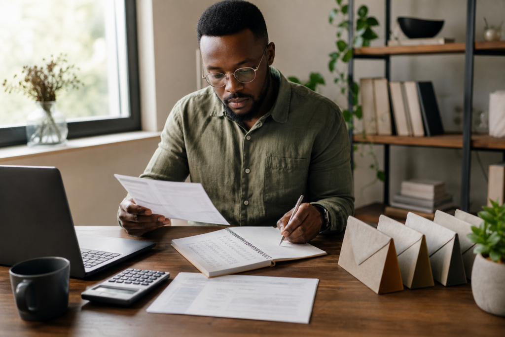 Freelancer reviewing side-hustle income records and a personal transfer log at a desk