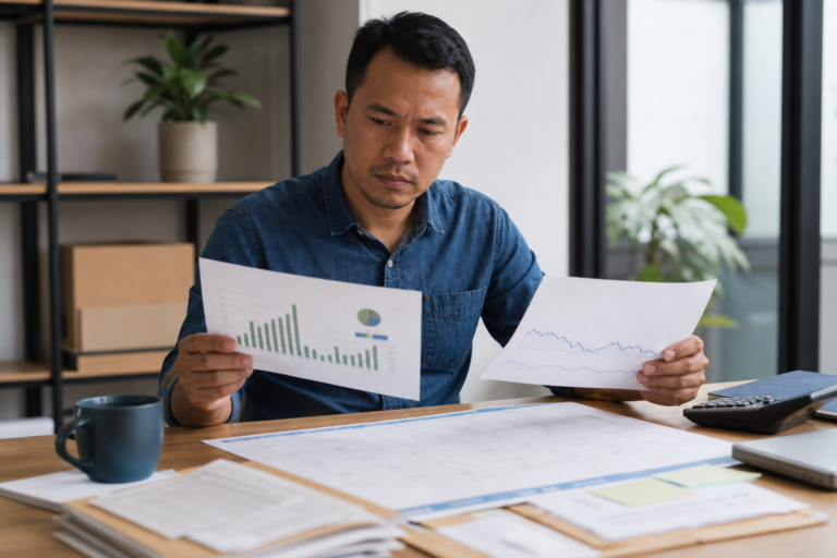 Business owner comparing a profit report with unpaid invoices, upcoming bills, and a weekly cash plan.
